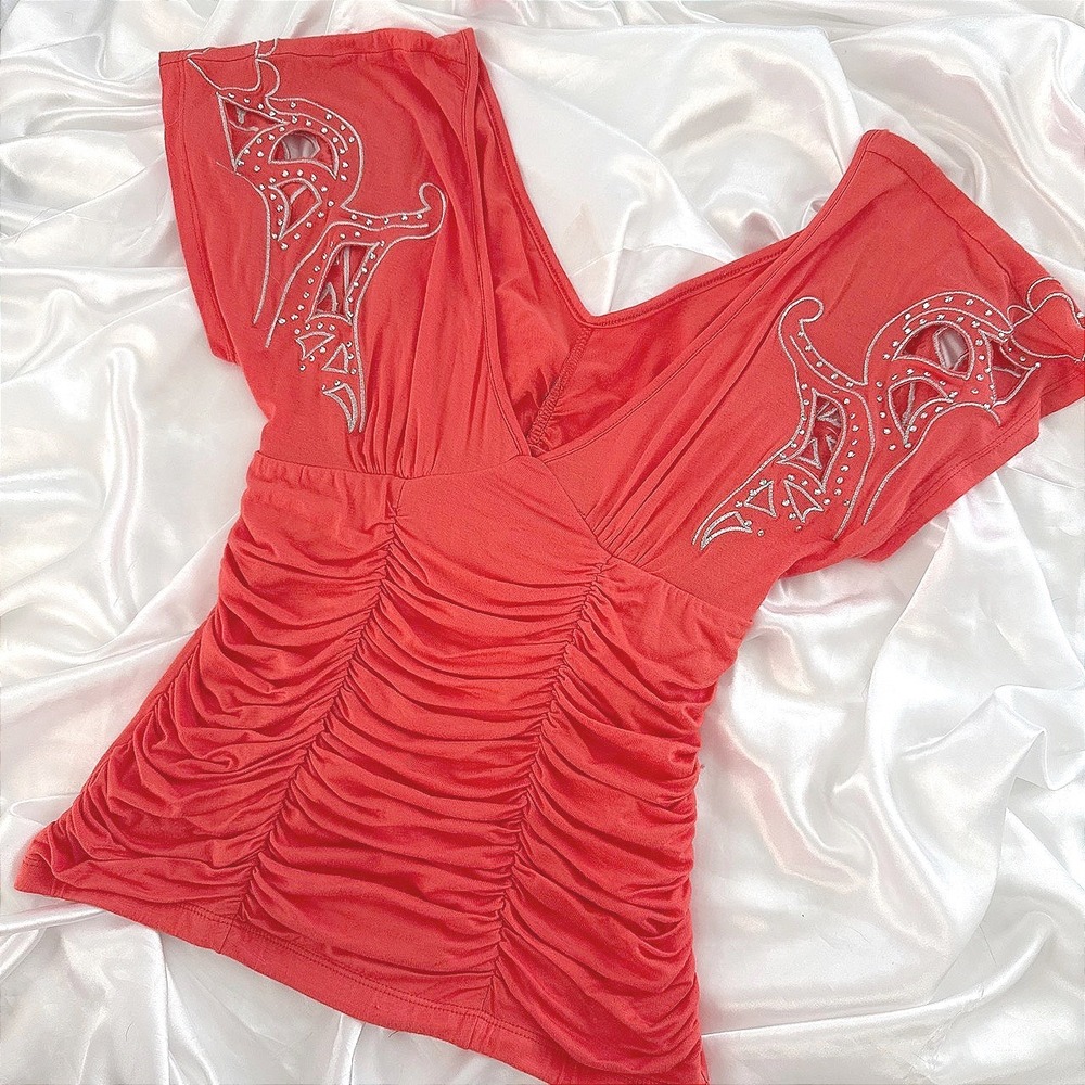 XOXO Coral Red Ruched V-Neck Top Rhinestone Embroidered Cutout Y2K Medium